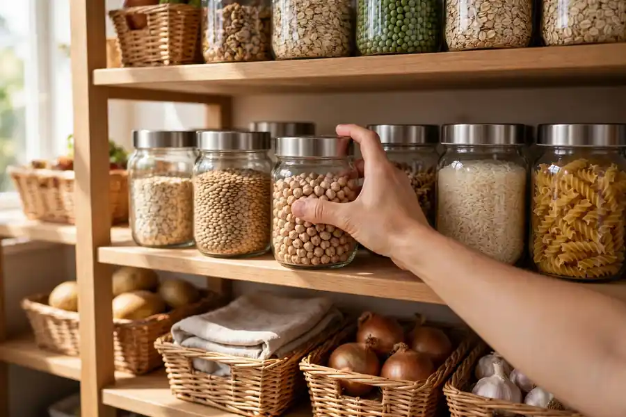 Hand returning a glass jar to its place on a tidy pantry shelf
