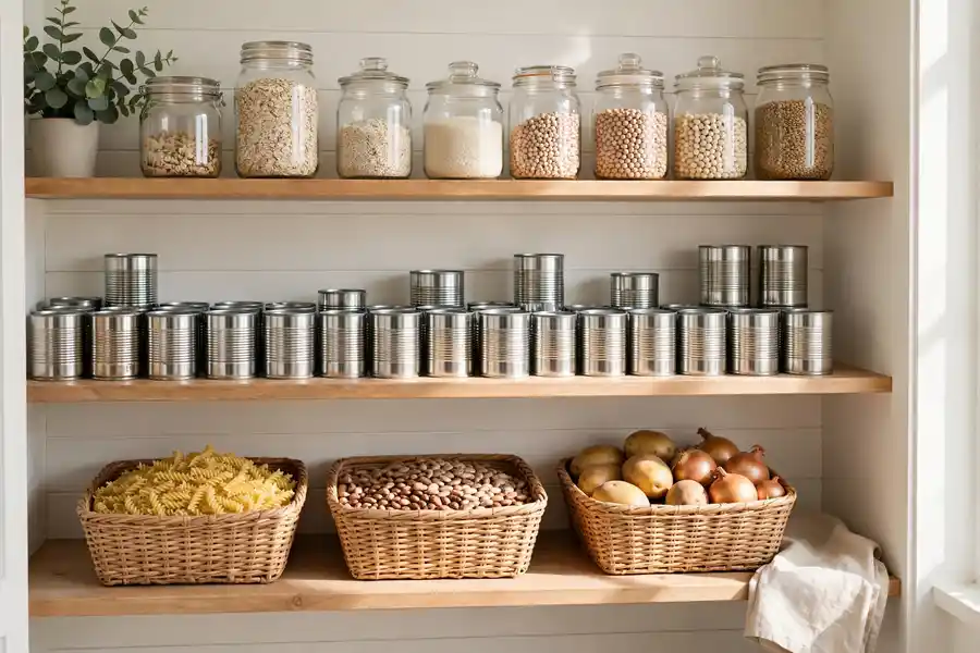 Tidy pantry shelves with dry goods grouped in zones