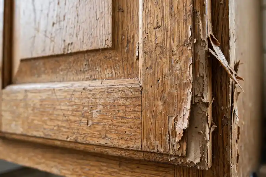 A worn oak cabinet door with scratches and a lifting edge of veneer.