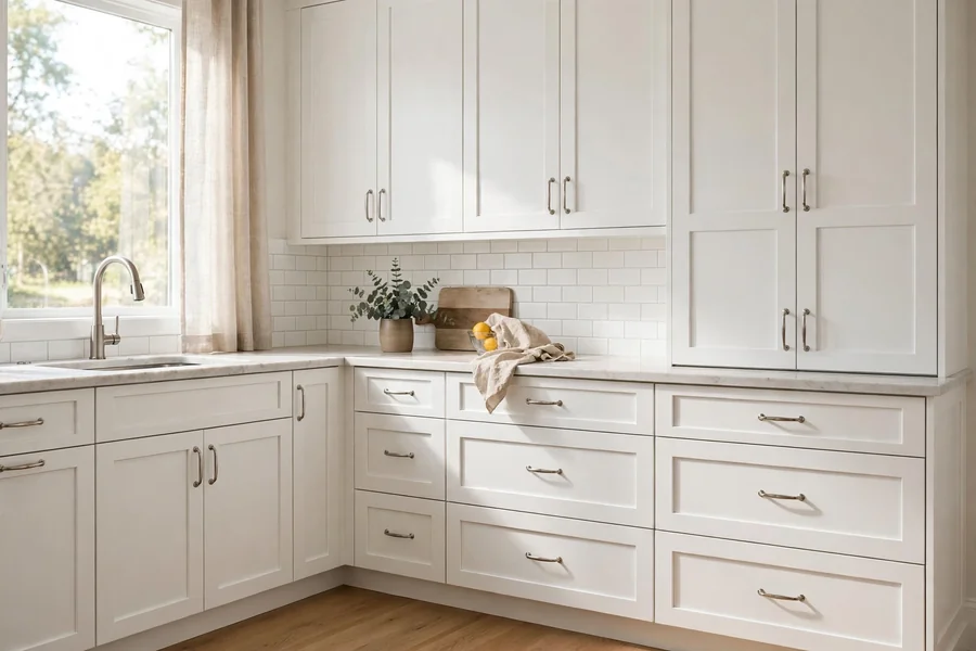 A bright kitchen with freshly painted white shaker cabinets and clean handles.