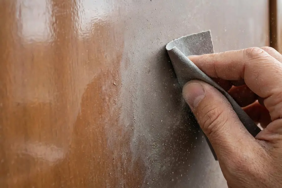 A hand scuff sanding a laminate cabinet door until the glossy sheen turns dull.