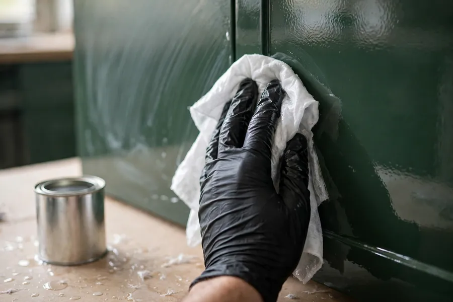 A gloved hand wiping a glossy cabinet door with deglosser before priming.