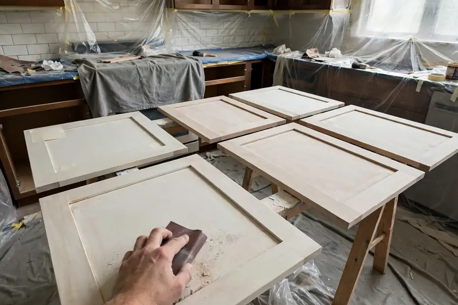 Removed cabinet doors laid flat on sawhorses while one door is sanded, with masking in place.