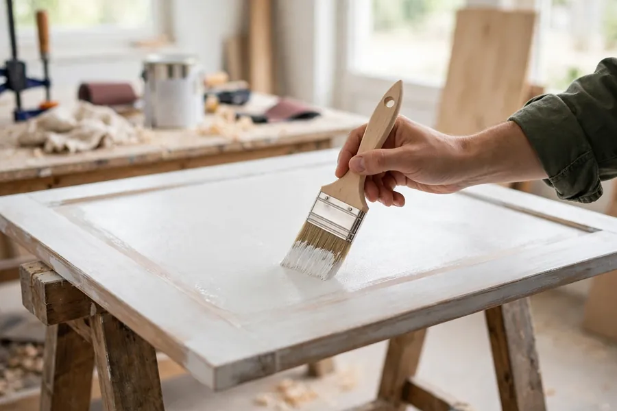 A thin coat of white primer being brushed onto a cabinet door laid flat.