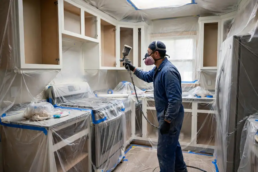A professional painter spraying cabinet frames in a kitchen fully masked with plastic sheeting.