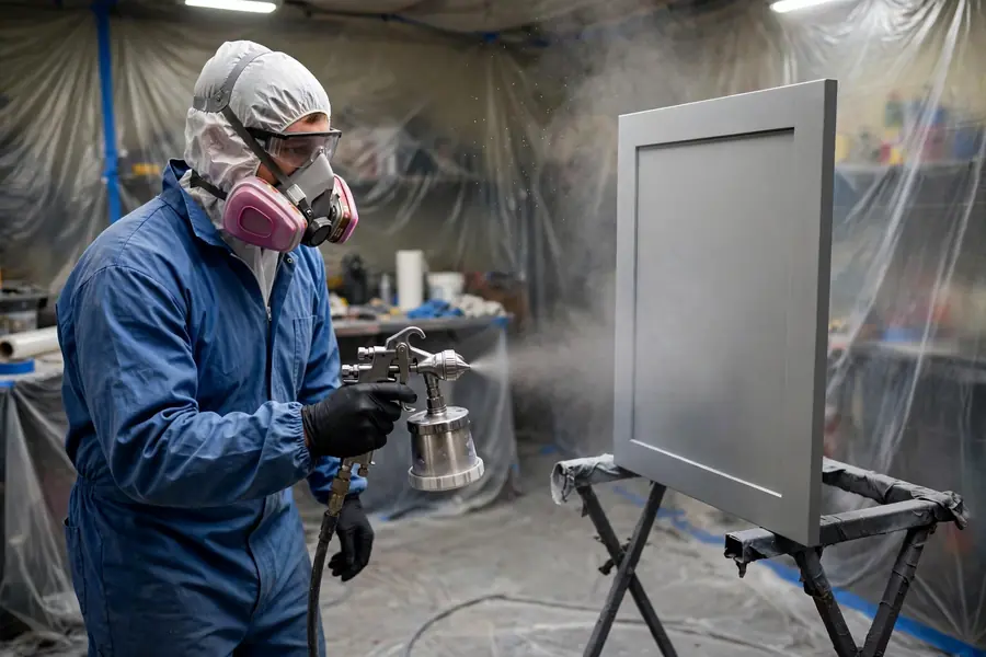 A cabinet door being sprayed with a handheld sprayer while resting on stands.