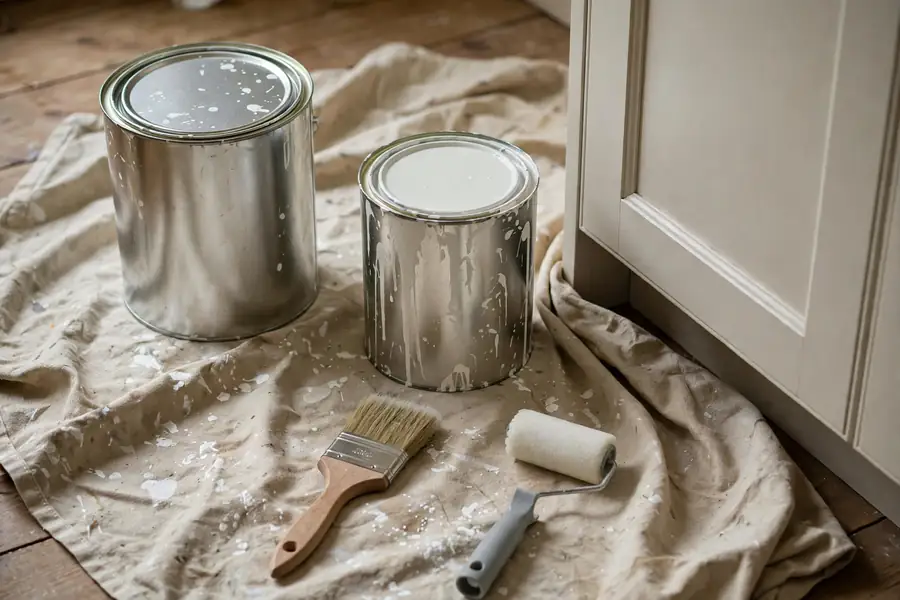Unlabelled cans of primer and cabinet enamel with a brush and foam roller on a drop cloth.