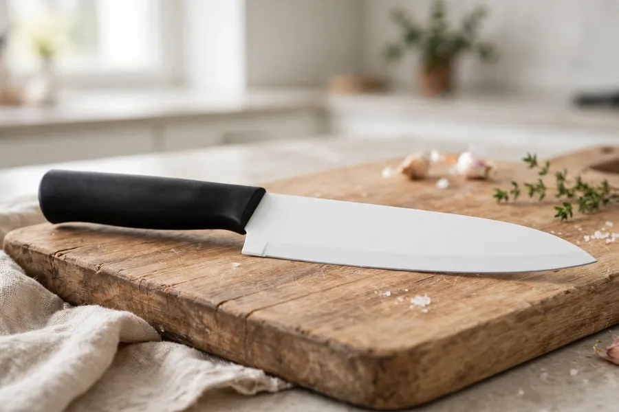 A white ceramic kitchen knife with a black handle resting on a cutting board.