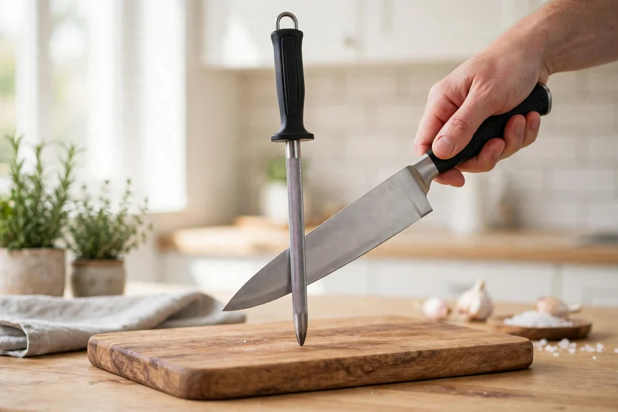 A honing steel held upright on a cutting board while a knife is drawn down it.