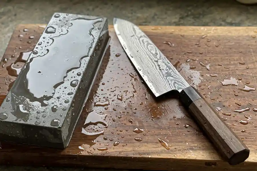 A Japanese chef's knife with a patterned steel blade resting beside a wet whetstone.