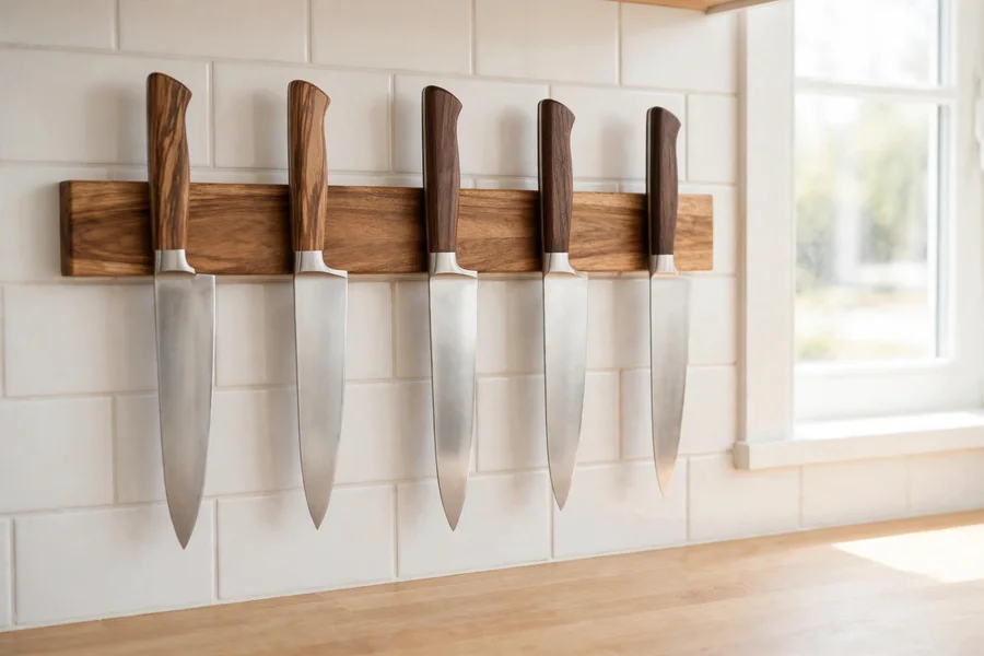 Chef's knives held on a wooden magnetic strip on a kitchen wall, blades clear of each other.