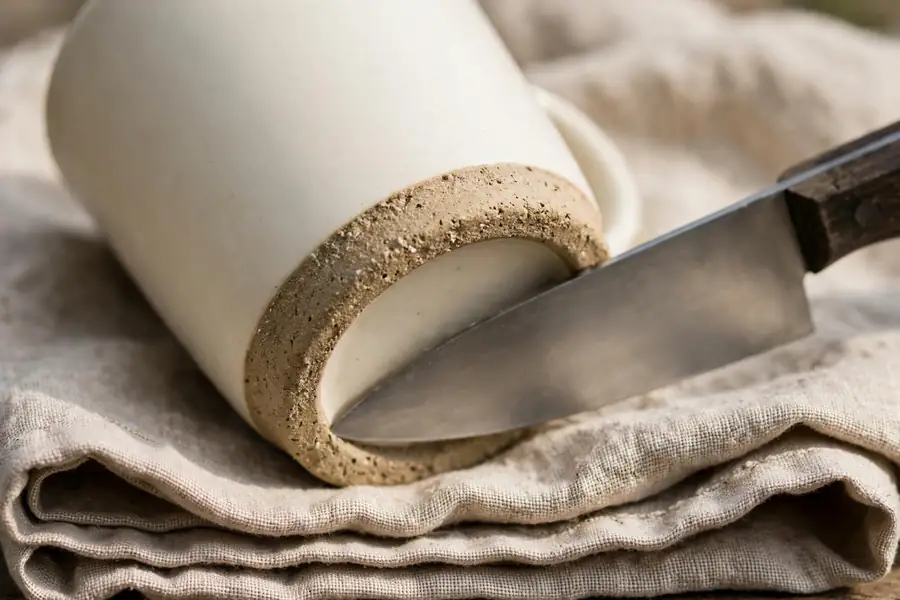 An upside down ceramic mug on a towel, with a knife drawn across the unglazed ring on its base.