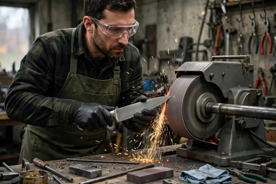A professional sharpener grinding a kitchen knife on a belt grinder in a workshop.