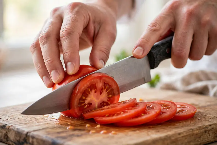 A sharp chef's knife slicing a ripe tomato into thin slices on a wooden cutting board.