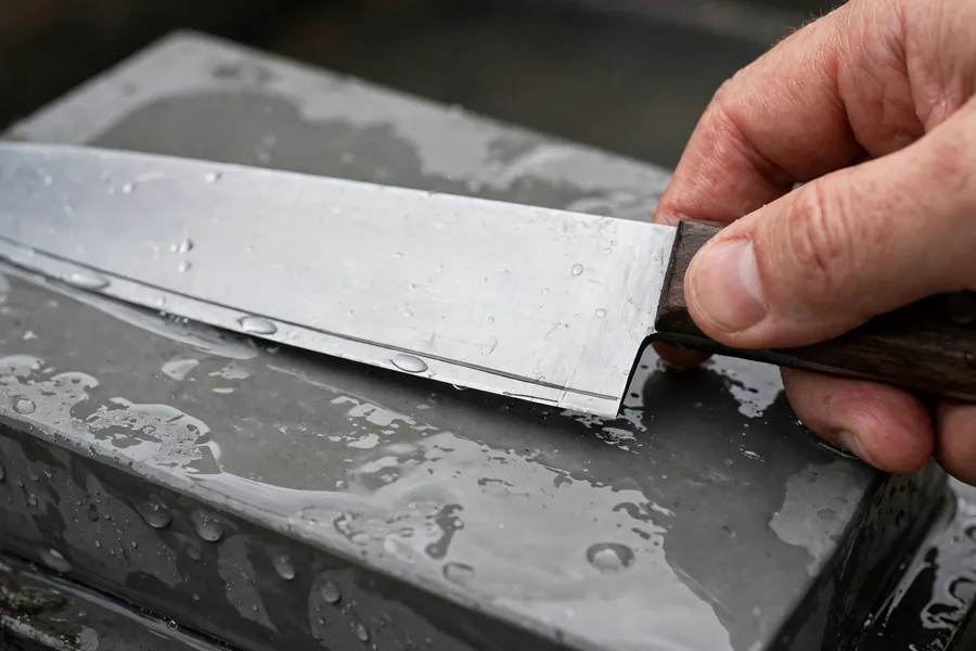 A chef's knife held at a low angle on a wet whetstone, with a dark marker line visible on the bevel.