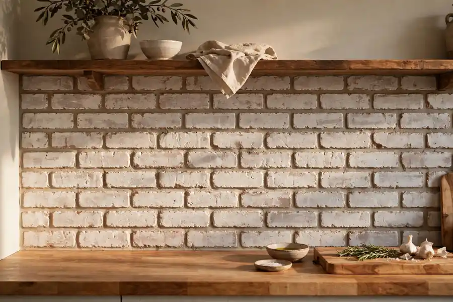 Whitewashed thin brick veneer backsplash with a wood shelf above a butcher block countertop