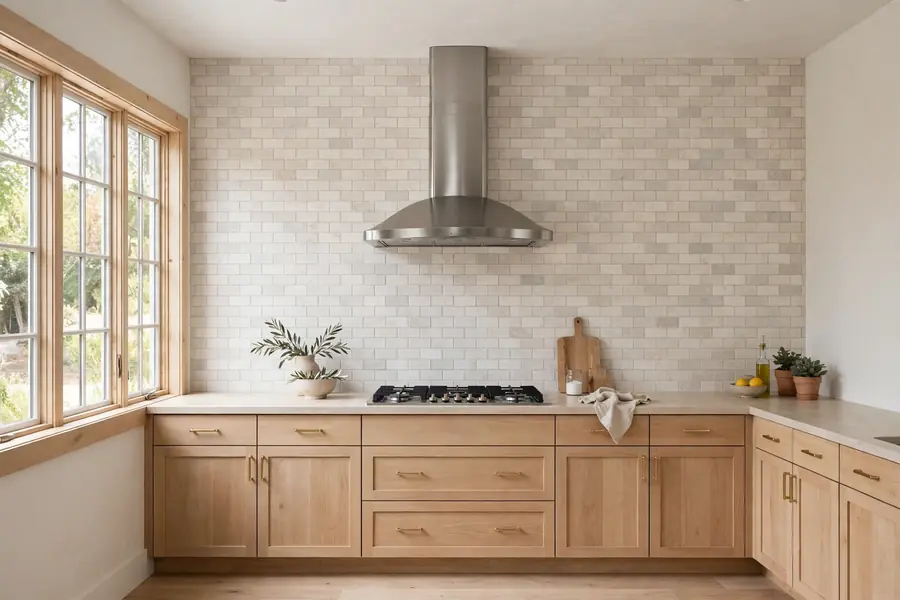 Full height pale stone tile backsplash running to the ceiling with a range hood mounted on the tile