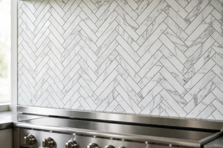 White marble look porcelain tile backsplash in a herringbone pattern above a stainless steel range