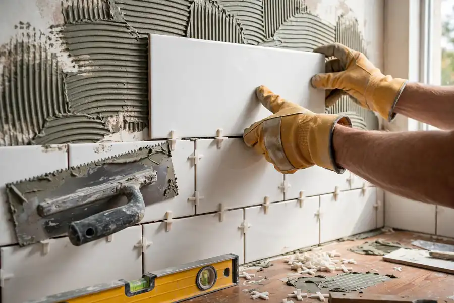 Gloved hands setting a large white tile with spacers and a notched trowel during backsplash installation