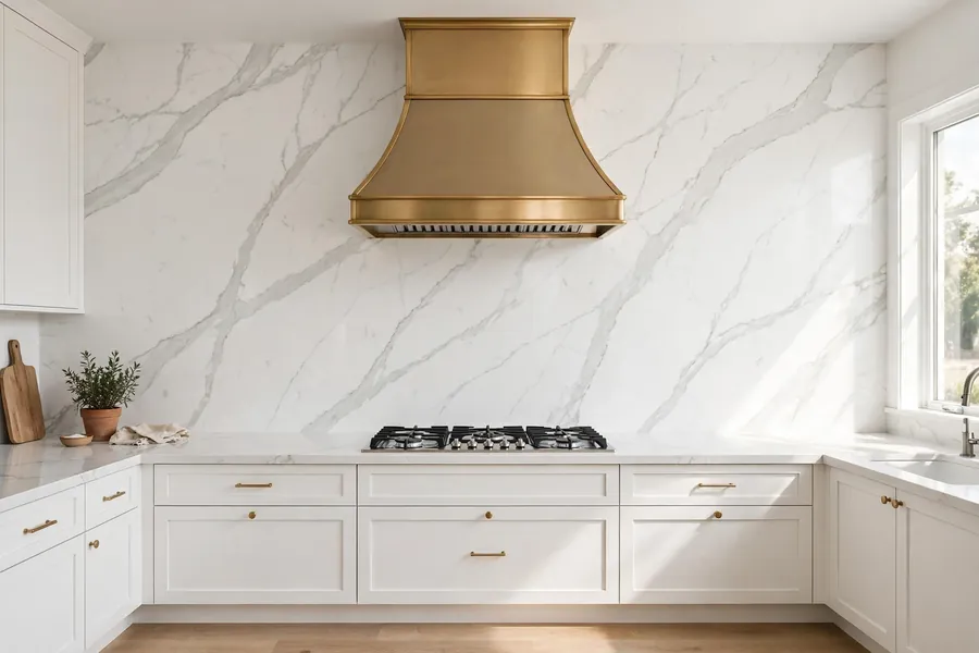 Full height white marble slab backsplash with gray veining and a brass range hood in a bright kitchen