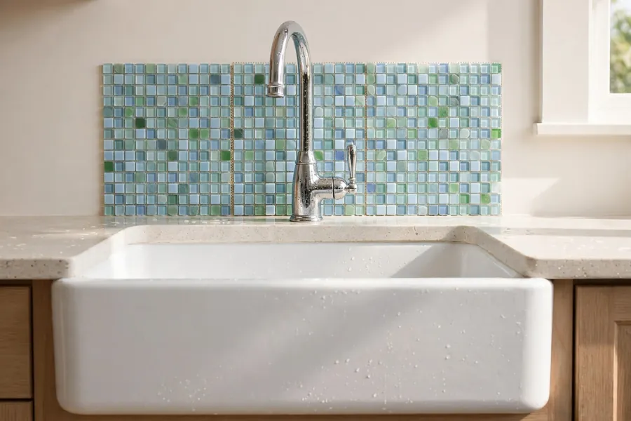 Pale blue glass mosaic tile accent panel behind a white farmhouse sink with a chrome faucet