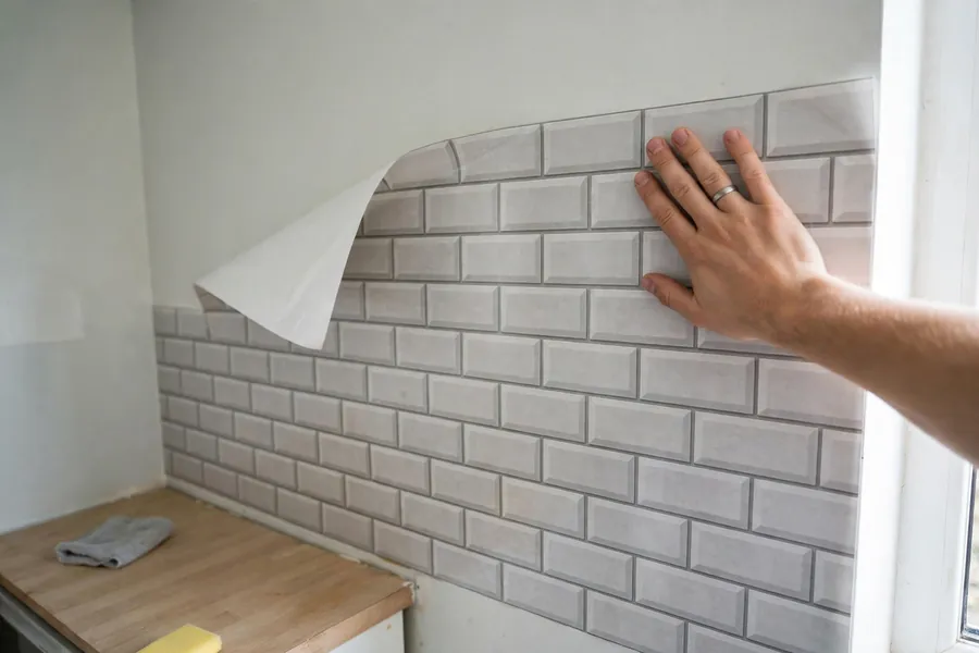A hand pressing a light gray peel-and-stick faux subway tile sheet onto a painted kitchen wall