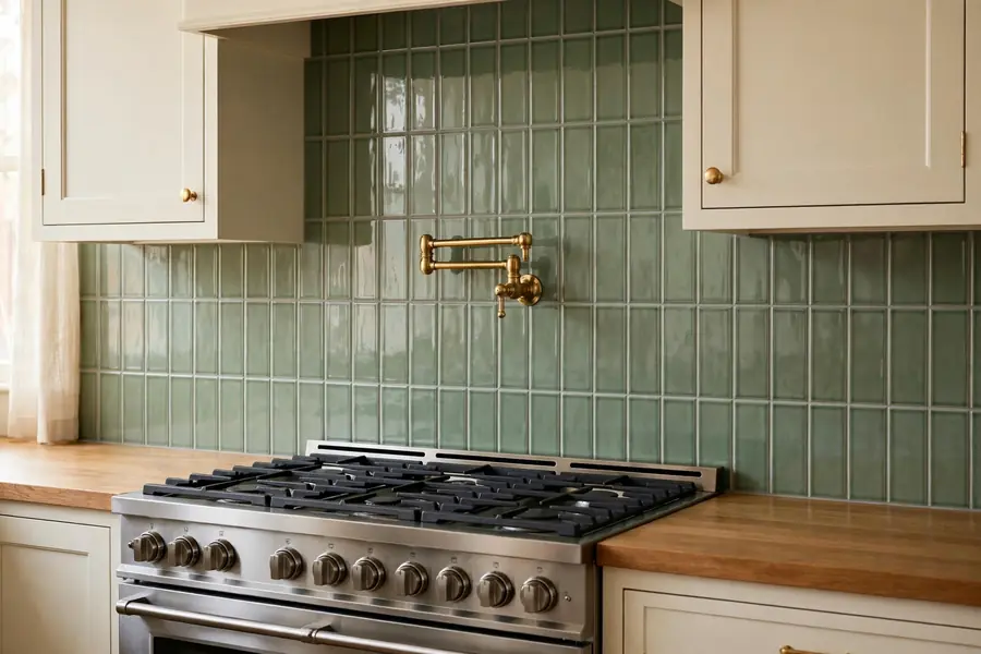 Sage green glazed subway tile backsplash in a vertical stack behind a gas range with cream cabinets
