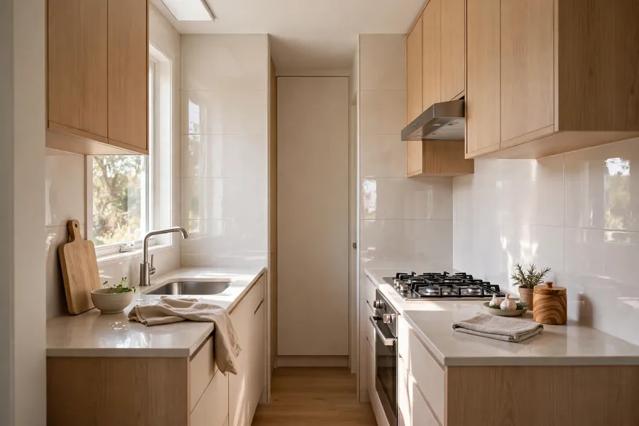 Small galley kitchen with pale large format gloss tile backsplash and thin grout joints