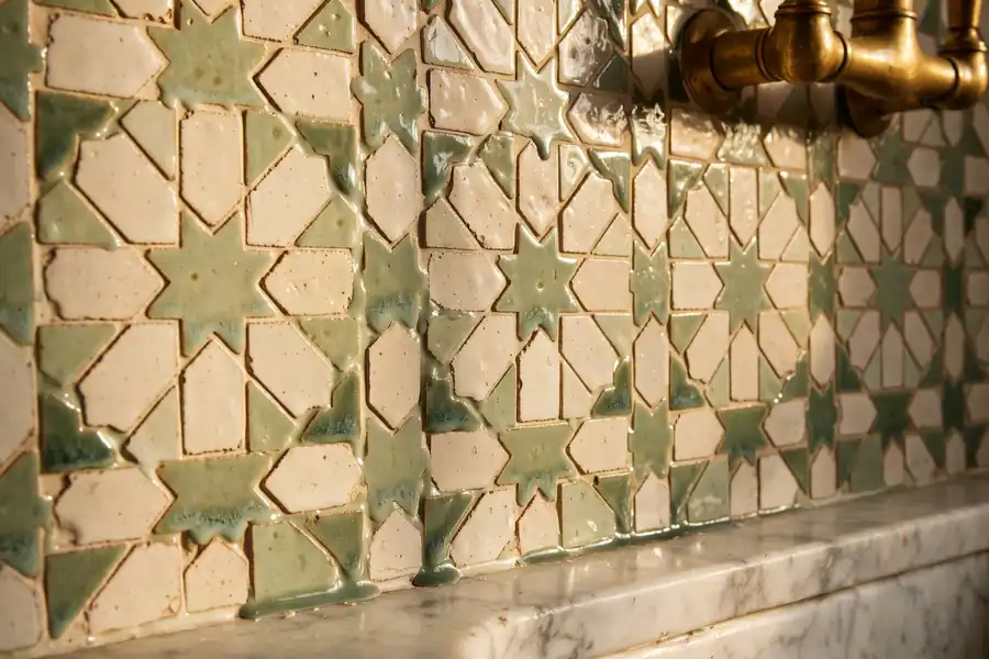 Handmade zellige tile backsplash with a star pattern in cream and sage green beside a brass faucet