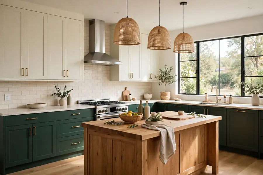 Kitchen with pale cream upper cabinets and deep green lower cabinets around a wood island