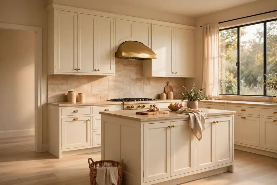 Kitchen with warm cream cabinets, pale wood floor, warm stone surfaces, and brass hardware