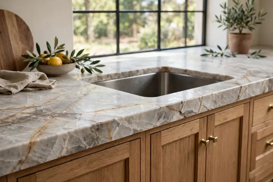 Veined natural stone kitchen countertop with a thick edge and an undermount sink cutout