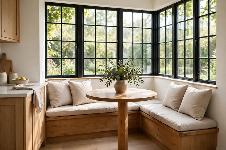 Eat-in kitchen nook with cushioned bench seating and a small round table by a bay window