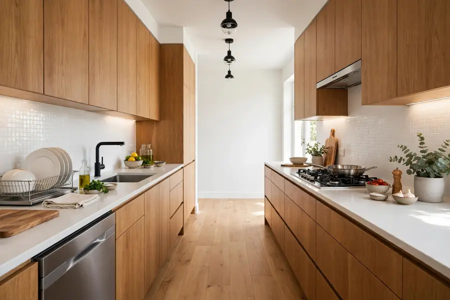 Galley kitchen with two parallel runs of wood cabinets and a clear walkway between them