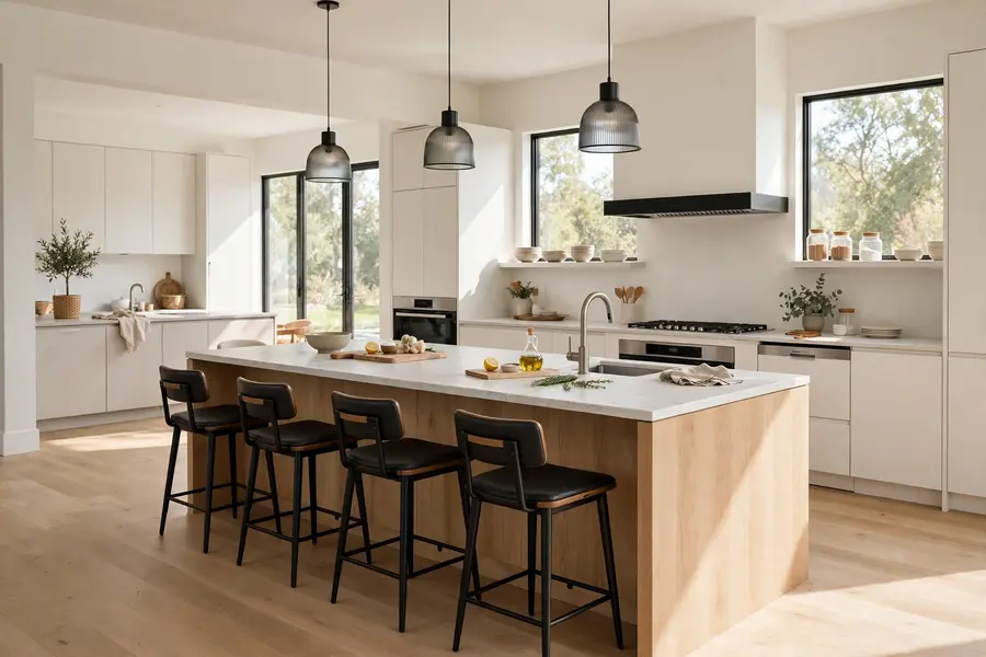 Large kitchen island with a sink, pendant lights, and four stools