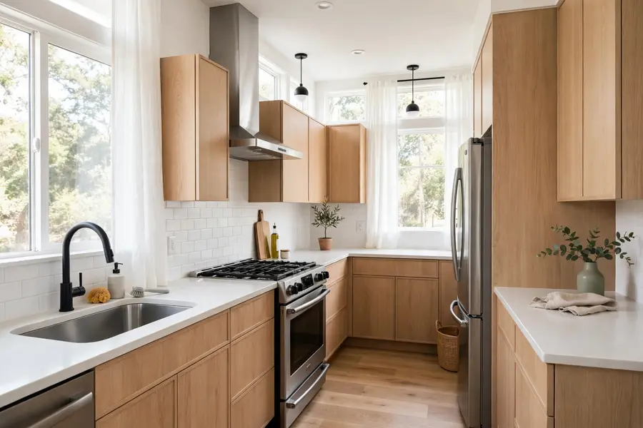Kitchen with a sink and range on adjoining runs and a refrigerator on the side wall