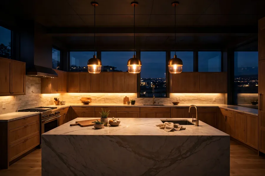 Evening kitchen with glowing pendant lights over an island and under-cabinet lighting on the counters