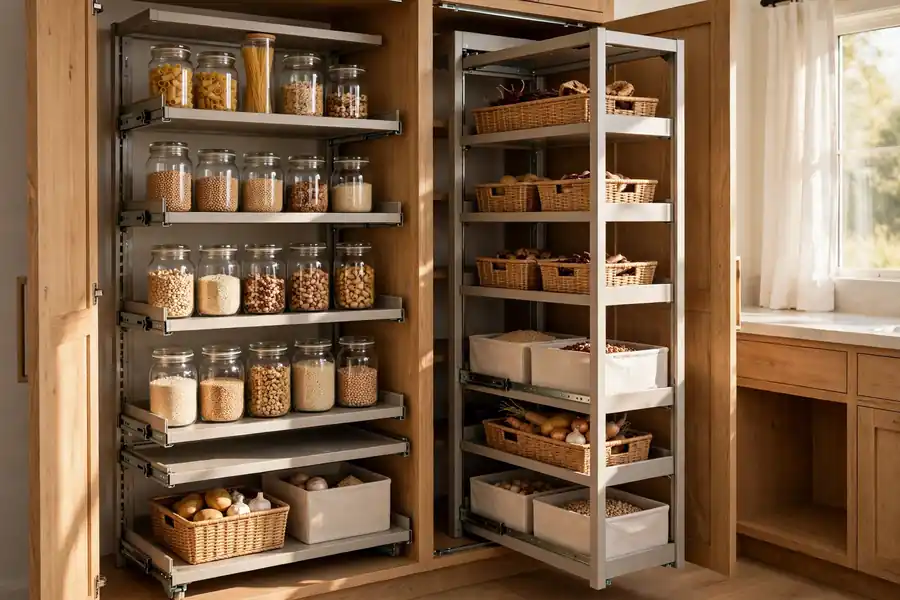 Open kitchen pantry with pull-out shelves, glass jars, woven baskets, and bins