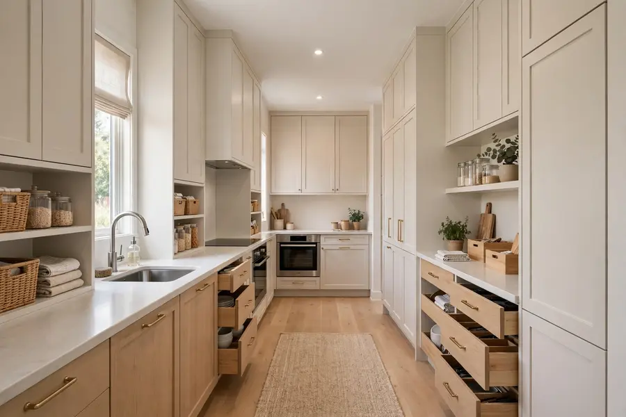 Compact kitchen with tall cabinets, deep drawers, and a clear central path