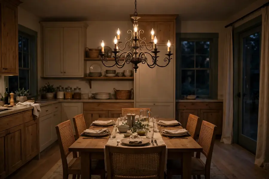 Wrought-iron chandelier with candle-style lights hanging over a set kitchen dining table in the evening