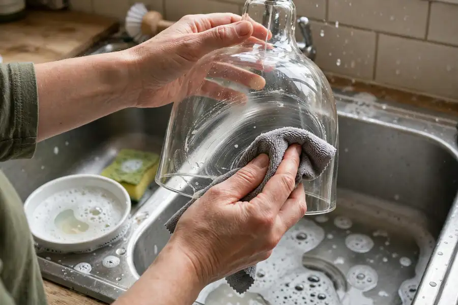 Hands wiping a glass pendant shade with a cloth over a soapy kitchen sink