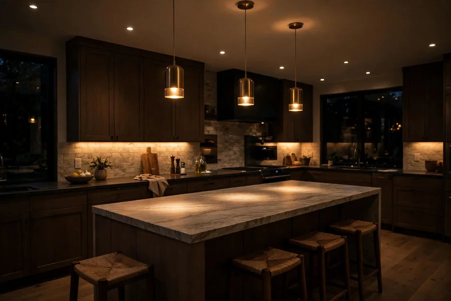 Kitchen in the evening with warm dimmed lights over the island and under the cabinets