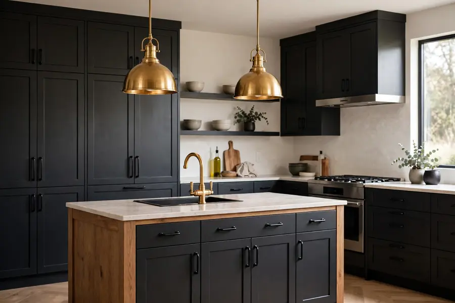 Brass pendant lights and a brass faucet with matte black cabinets and cabinet hardware in one kitchen