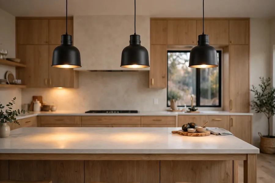 Three black pendant lights hanging in a row over a kitchen island, with warm light pooling on the counter