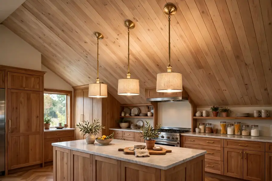 Pendant lights hanging level from a sloped wood ceiling over a kitchen island