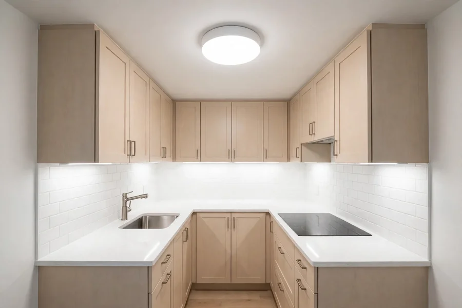 Small kitchen with a flush ceiling fixture and under-cabinet lights washing the counters