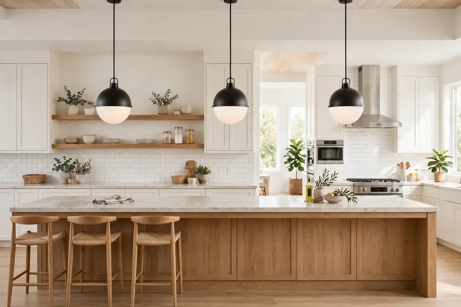 Three black dome pendant lights evenly spaced over a long kitchen island with stools