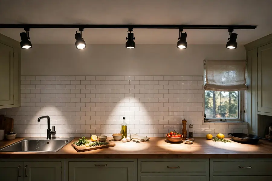 Black track lighting on a kitchen ceiling with adjustable heads aimed at the counter, sink, and backsplash