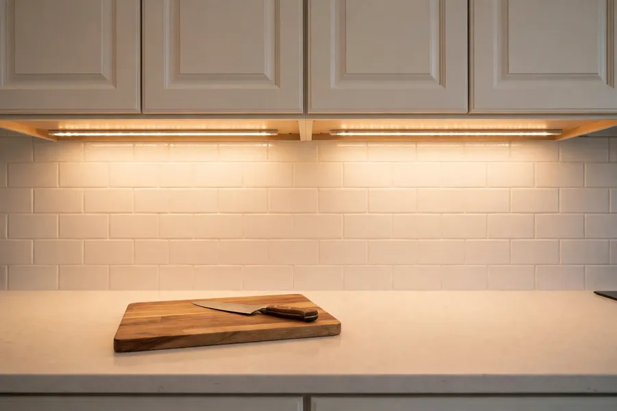 Under-cabinet light bars washing a kitchen counter and backsplash, with a cutting board and knife on the lit surface