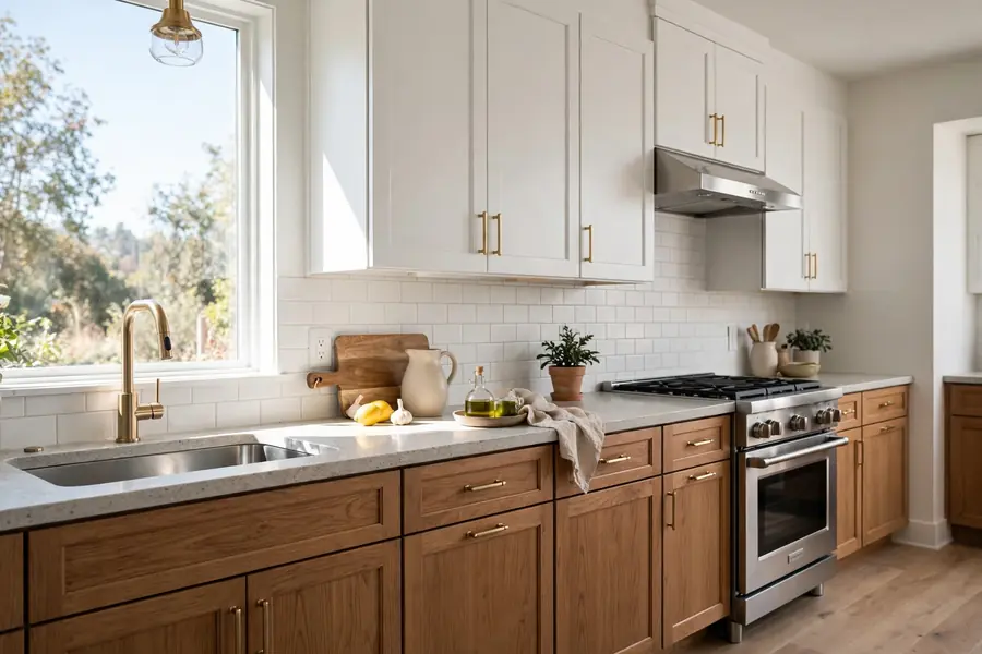 Kitchen with medium wood base cabinets and white upper cabinets